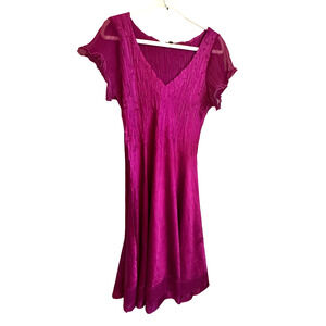 Komarov Fuchsia Purple Short Sleeve V-neck Midi Dress Sheer Sleeves Crinkle XL
